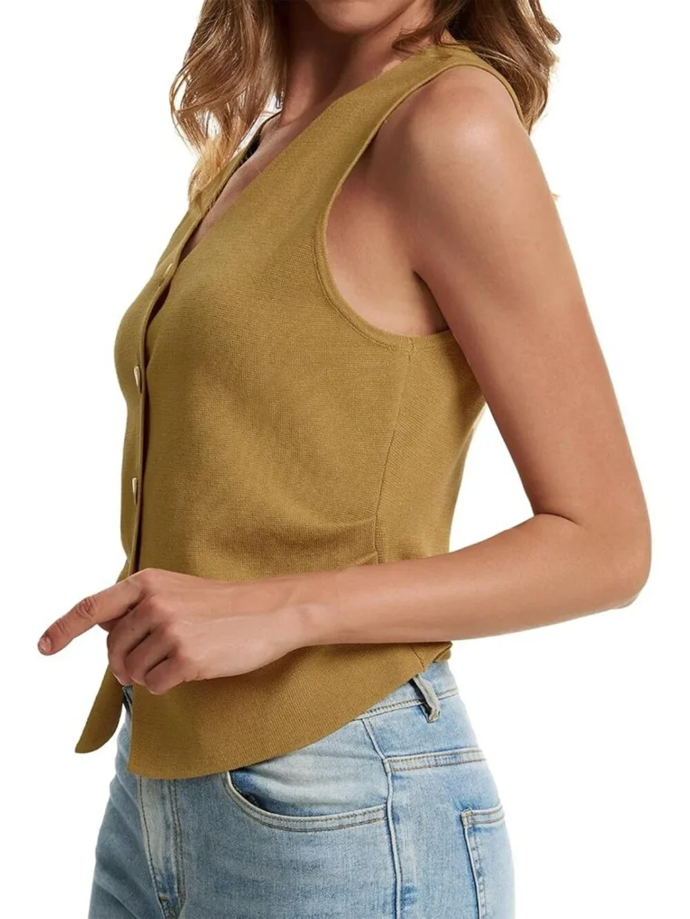 Women's Khaki Sleeveless Button Up Knit Imported Casual Sweater Vest Tank Tops